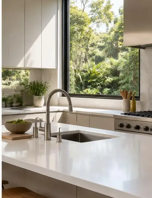 Cozinha moderna com vista para o jardim